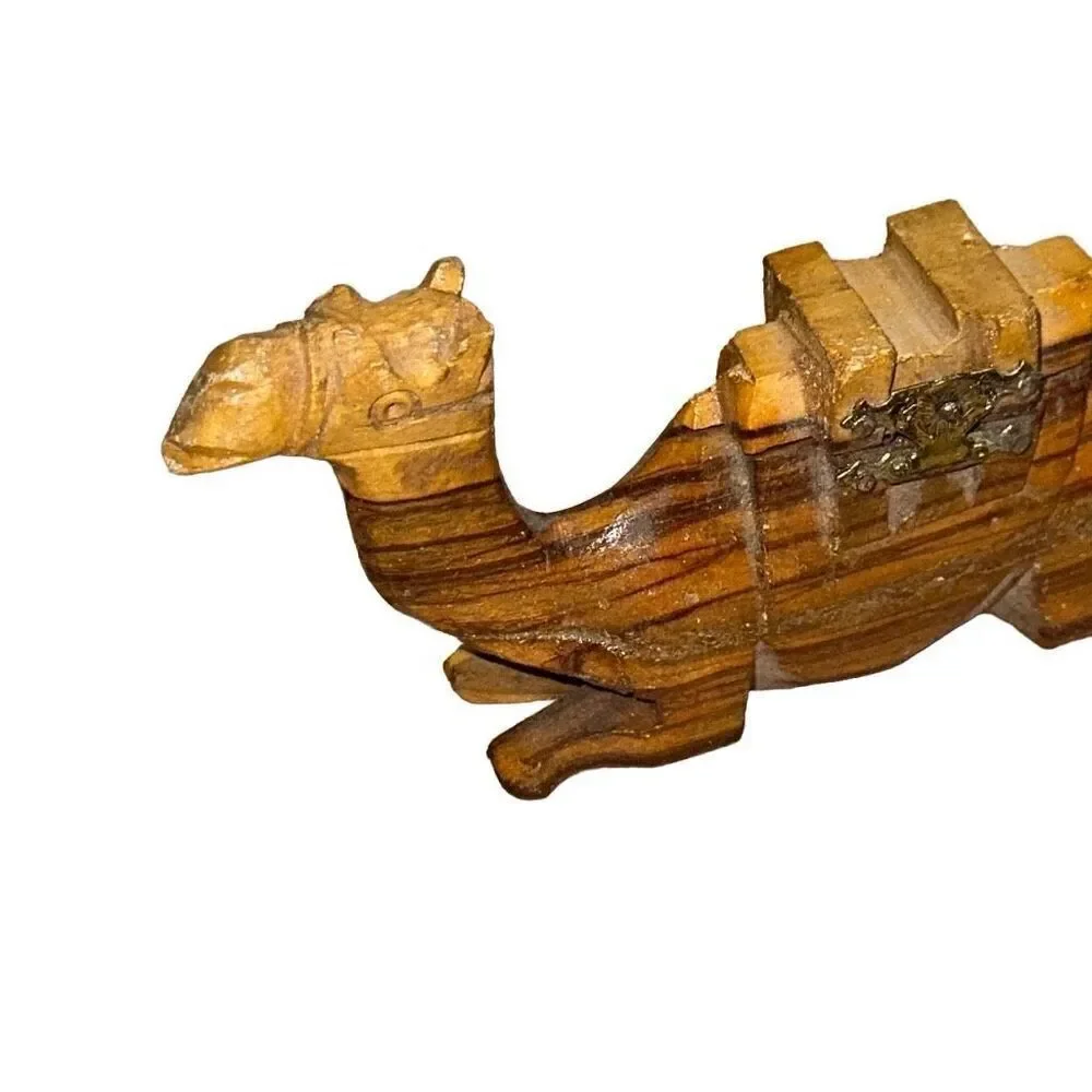 Camel Figurine From Egypt hand carved olive wood trinket box vintage wooden